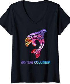 Womens Colorful Brtish Columbia Canada Native Fisherman Orca Kille V-Neck T-Shirt