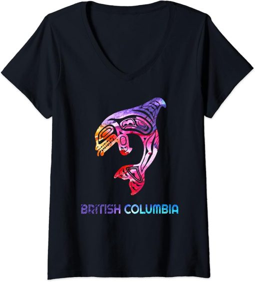 Womens Colorful Brtish Columbia Canada Native Fisherman Orca Kille V-Neck T-Shirt