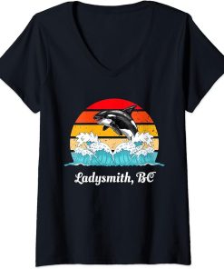 Womens Vintage Ladysmith BC Distressed Orca Killer Whale Art V-Neck T-Shirt