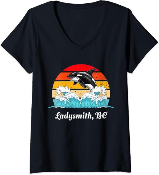 Womens Vintage Ladysmith BC Distressed Orca Killer Whale Art V-Neck T-Shirt