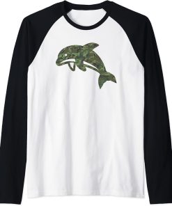 Military Dolphin Camo Print US Beluga Fish Veteran Men Gift Raglan Baseball Tee