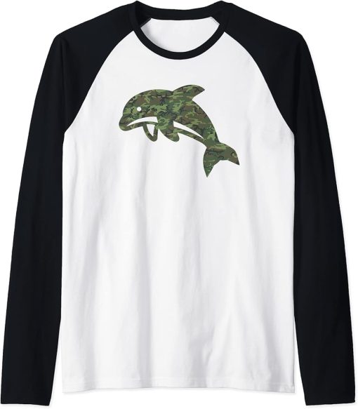 Military Dolphin Camo Print US Beluga Fish Veteran Men Gift Raglan Baseball Tee