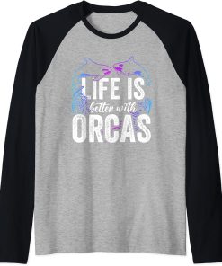 Orcas Lover Fishes Whales Killer Sea Ocean Tooth Oceanic Raglan Baseball Tee