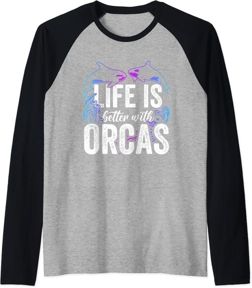 Orcas Lover Fishes Whales Killer Sea Ocean Tooth Oceanic Raglan Baseball Tee